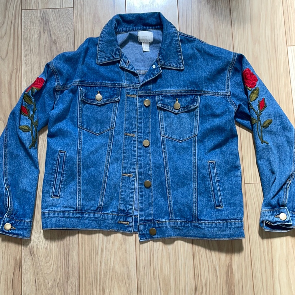 Blue Jean Jacket with Red Embroidered Flowers